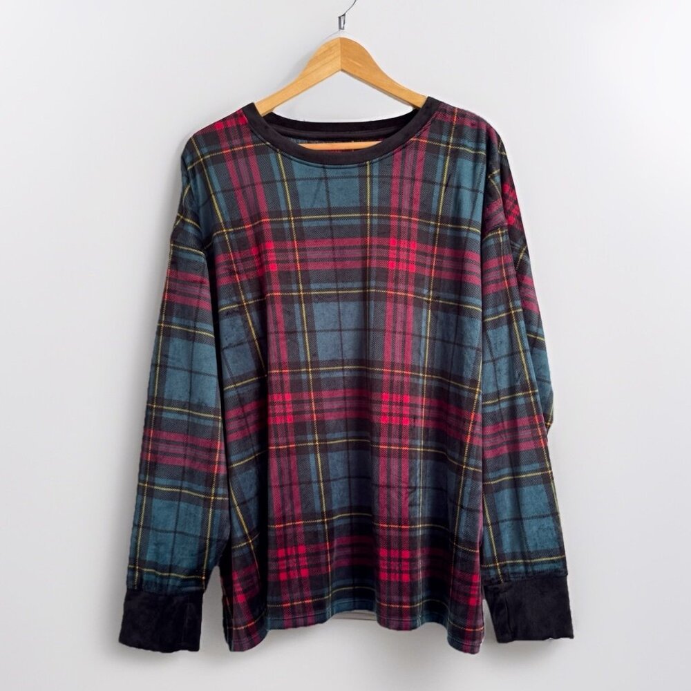 Cuddl Duds Women’s Plaid Red Blue Plaid Plush Pj Top 2X Loungewear Cozy Winter